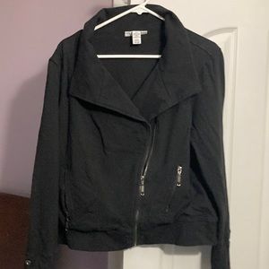 Bomber style jacket, zippered front pockets, off center zipper front